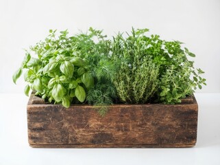 Fototapeta premium Fresh green herbs growing in a rustic wooden planter box for kitchen cooking and healthy organic food preparation at home