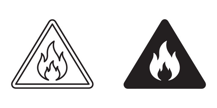 Warning fire hazard symbols in triangular outline and filled black versions with flame icons inside