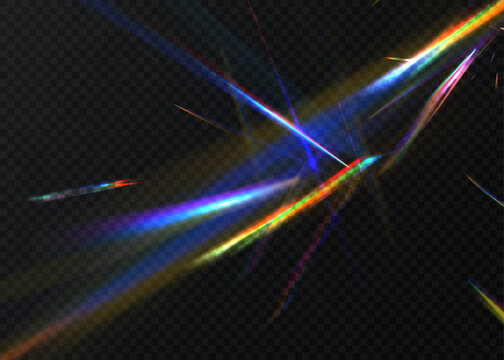 Multicolored prismatic rays of light with vibrant rainbow stripes and intersecting beams, isolated on a transparent dark background. Vector optical effect for overlays and abstract designs.