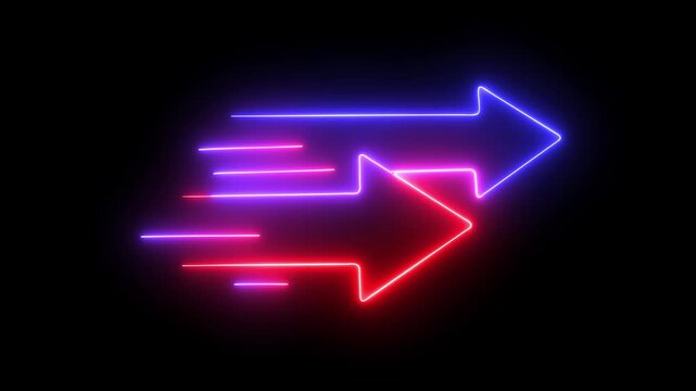 Glowing neon arrows motion graphic for video overlay, fast direction indicator and speed concept on Black background