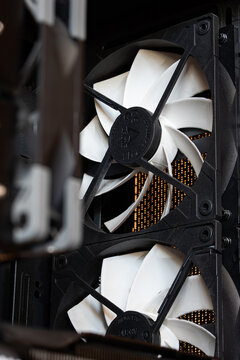 Urdorf, Switzerland, July 29,2026. Close up view of Arctic brand cooling fans with white blades mounted inside a desktop computer case