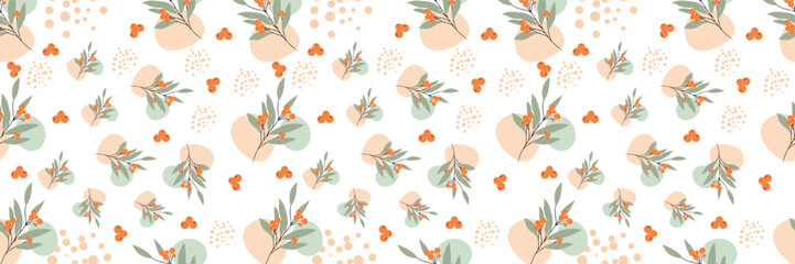 Abstract botanical background displaying orange berry leaf seamless pattern © Design shop