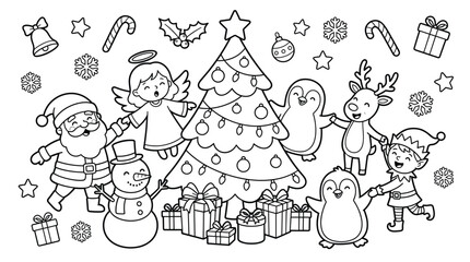 Fototapeta premium Christmas celebration with santa claus reindeer snowman and angel coloring page for kids