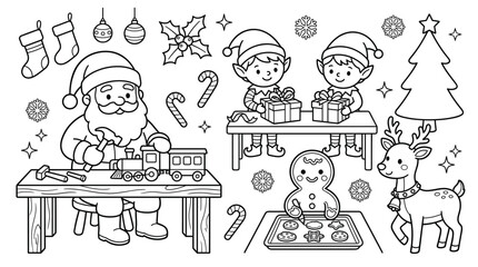 Christmas coloring page santa claus workshop elves gifts toys gingerbread man reindeer © MdJamil