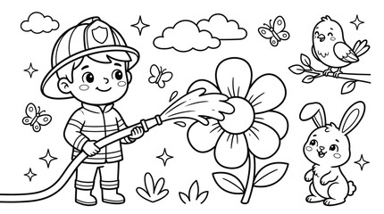 Cute firefighter coloring page for kids, watering a flower with hose and bunny
