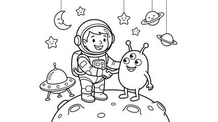 Astronaut meeting friendly alien on moon coloring page cute space exploration scene