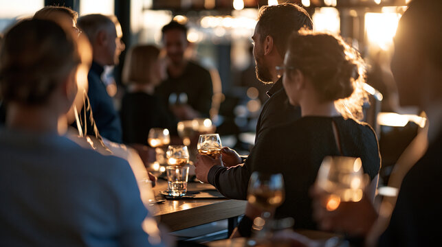 Business professionals photographed from behind networking with drinks at a bright modern bar setting faceless rear view figures corporate event modern bar networking drinks