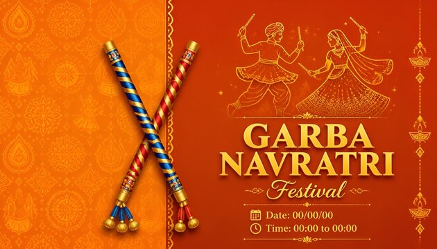 illustration of couple playing Dandiya in disco Garba Night banner poster for Navratri Dussehra festival of India