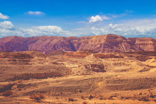 View of the desert. View of the valley with mountains on the backdrop. Timna Park, Eilat, Israel