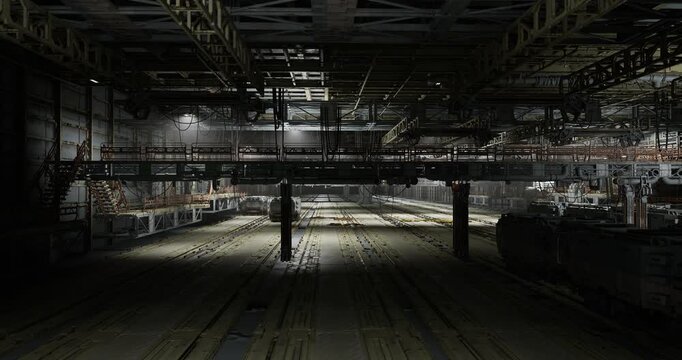 Cinematic hangar set with stage lighting and smoke, camera rigs and grip equipment arranged for wide shot, production team prepping blocking and rehearsal,