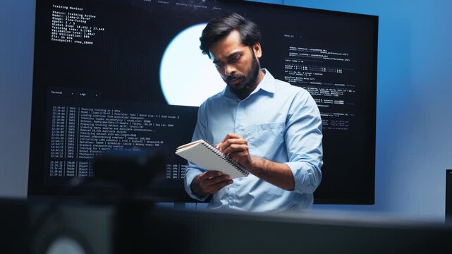 Professional Male Software Engineer, Data scientist Looking at Monitor Reviewing Coding and AI Model while Analyzing, Developing New AI Module and Datum in Tech Office at Night.