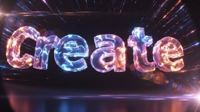 Colorful illuminated text spelling "Create" with dynamic light effects and streaks, showcasing vibrant colors and motion in a dark background setting