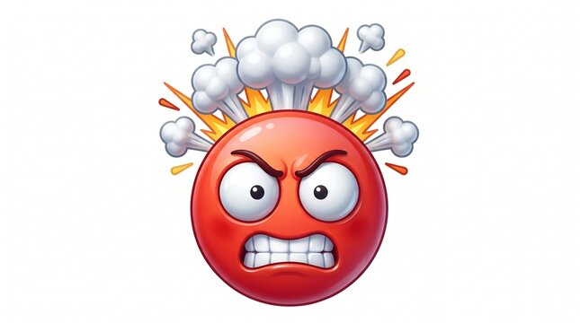 3D Cute Exploding Anger Emoji Face Illustration with Steam and Smoke Bursting Out Isolated on White Background for Emotional Expressions and Emoticons