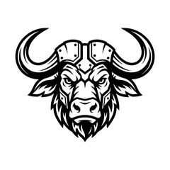 Fototapeta premium Buffalo head illustration with powerful horns and a determined expression, featuring armored details on its forehead, is rendered in a stark black and white style.