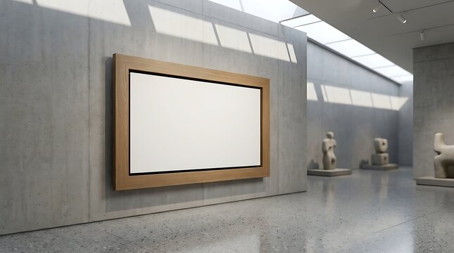 Blank horizontal wooden frame mockup on concrete wall in modern art gallery for poster presentation