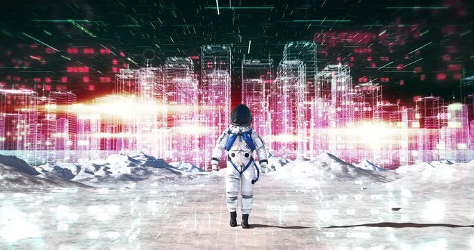 Astronaut walking on alien world surface with bright glowing holographic wireframe city. Abstract Digital Space City Concept.