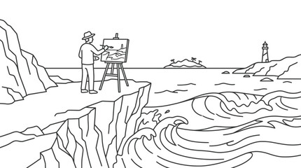Fototapeta premium Artist painting landscape on cliff near lighthouse.