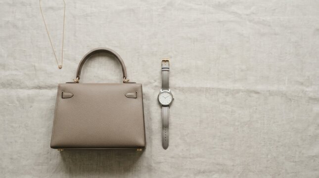 Elegant handbag and accessories flat lay