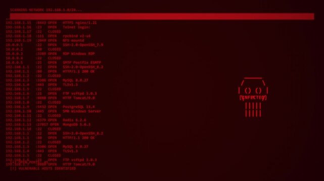 Red CRT Malware Network Scan Skull Icon Infected Alert Overlay Loop Motion Graphic