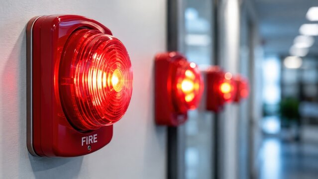 Red glowing fire alarm strobe light sirens mounted on office building wall for emergency security notification.