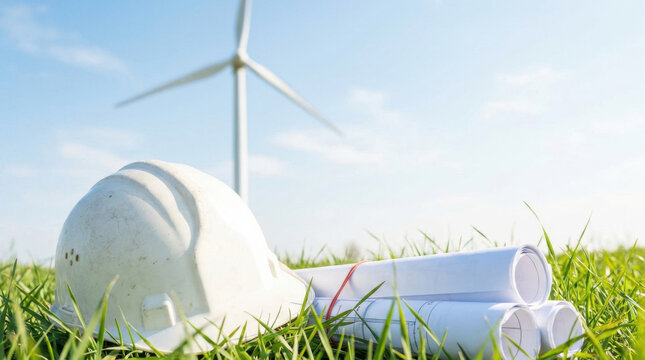 White hard hat and rolled drawings on green grass with wind turbine in background under blue sky