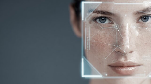 Futuristic facial recognition concept with digital interface on human face