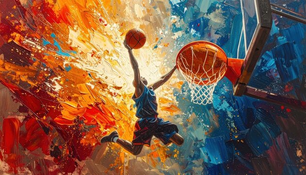 Energetic painting of basketball player performing slam dunk under bright lights capturing motion excitement and sports passion in expressive colorful art style