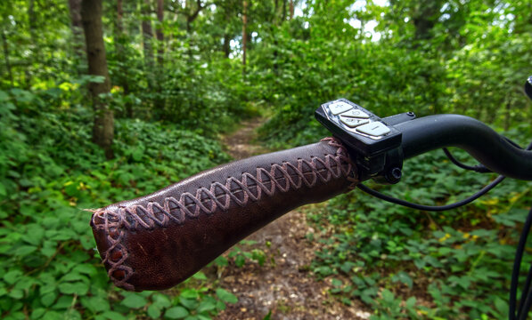 E bike handlebar with leather grip navigating a forest path during a bicycle tour in germany