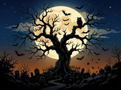 Spooky halloween scene with a dark tree owl bats and a full moon over a graveyard at night in pixel art style illustration