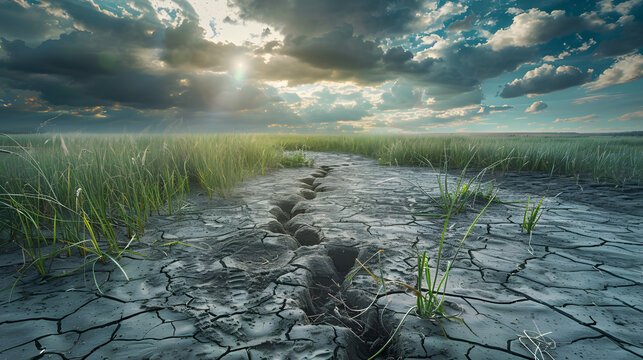 Environmental impact, Cracked earth with footprints showing environmental impact, climate change and fragile natural ecosystem