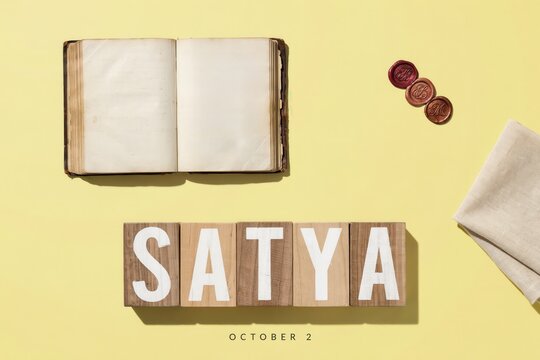 Satya wooden blocks with open vintage book and wax seals on yellow background celebrating truth for October second
