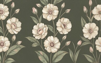 Obraz premium Elegant white flowers with green leaves on a dark olive background.