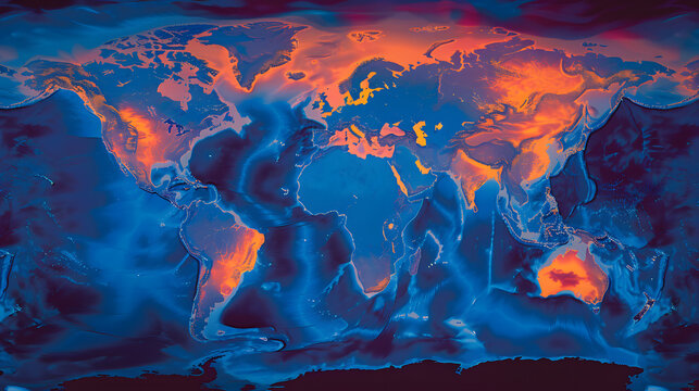 Environmental impact, Digital world map showing environmental impact zones with climate data analysis and global awareness concept