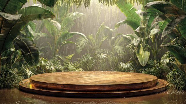 Round wooden deck stage during tropical rain in lush jungle with large banana leaves and falling water drops.