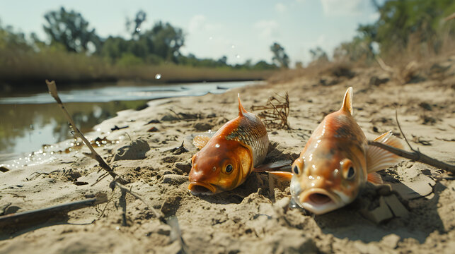 Environmental impact, Dying fish in dried riverbed showing environmental impact climate change and water scarcity issues
