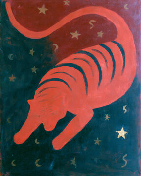 A stylized red tiger with dark stripes arches its body against a dark background dotted with gold stars and crescent moons.