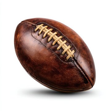 Vintage leather American football on white background, worn brown pigskin ball with laces, sports equipment concept