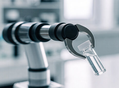 Robotic arm holding a glass vial. Automated laboratory equipment performing chemical research.