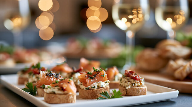 Canapes and wine buffet arranged on a bright clean table appetizing display in fresh even light canapes wine buffet finger food catering event food appetizer platter