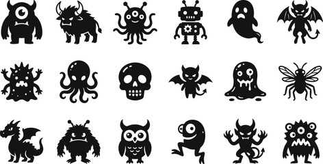 Collection of halloween monster silhouettes including ghost octopus skull and various creatures. © Aposh003