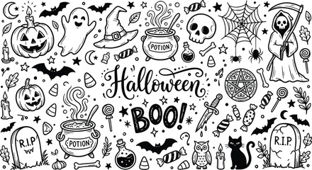 Detailed black and white halloween doodle set with magic items potions and spooky symbols. © Aposh003