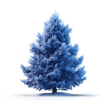Blue fir tree on white background, frosted conifer silhouette, winter evergreen decoration for holiday design