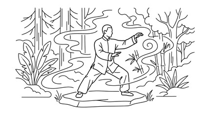 Fototapeta premium Person practicing Tai Chi in misty forest line art.