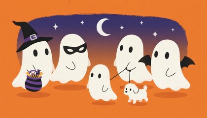 Obraz premium Halloween ghost illustration, cute spooky cartoon characters with witch hat and crescent moon, orange and purple night scene