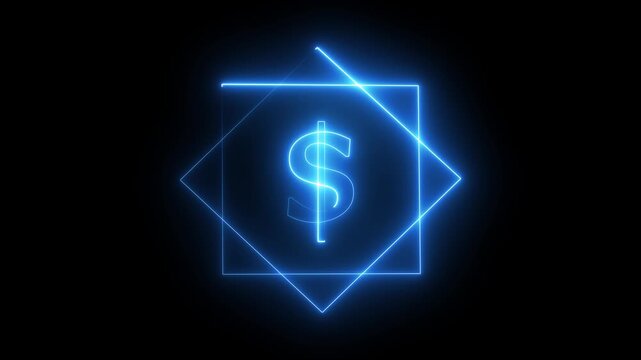 Neon dollar sign icon dollar symbol in rectangle frame for business or finance concept on black background.