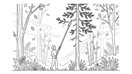 Obraz premium Person pruning tall tree with pole saw illustration.