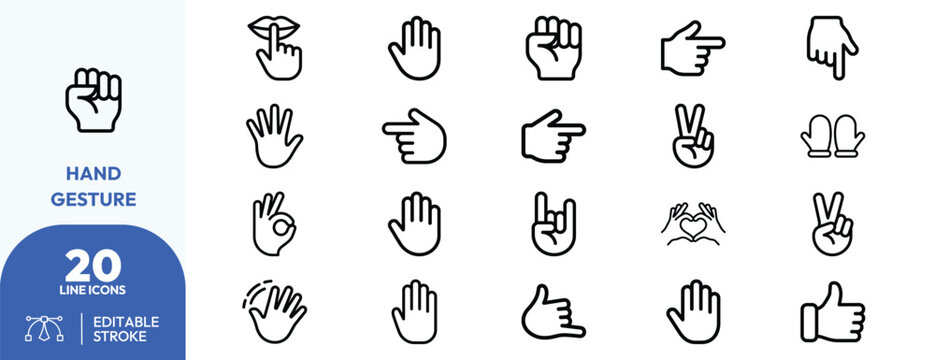 Hand gesture set. thumbs-up, peace, , pinch, heart, victory, clap, wave, stop, okay, finger-point, open-hand. Editable stroke. Vector illustration.