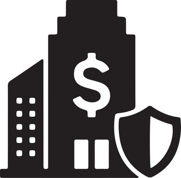 Building vector icon with dollar sign and protective shield representing real estate investment security, property protection, and corporate insurance.