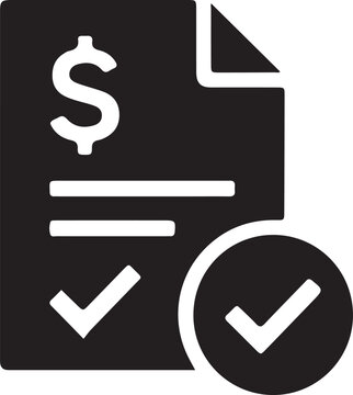 Black bill vector icon with dollar sign and checkmark representing paid invoice, successful transaction, tax approval, and financial compliance concept.