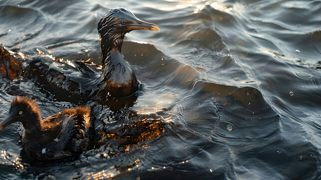 Environmental impact, Oil spill on ocean surface with seabirds highlighting marine pollution and environmental impact awareness